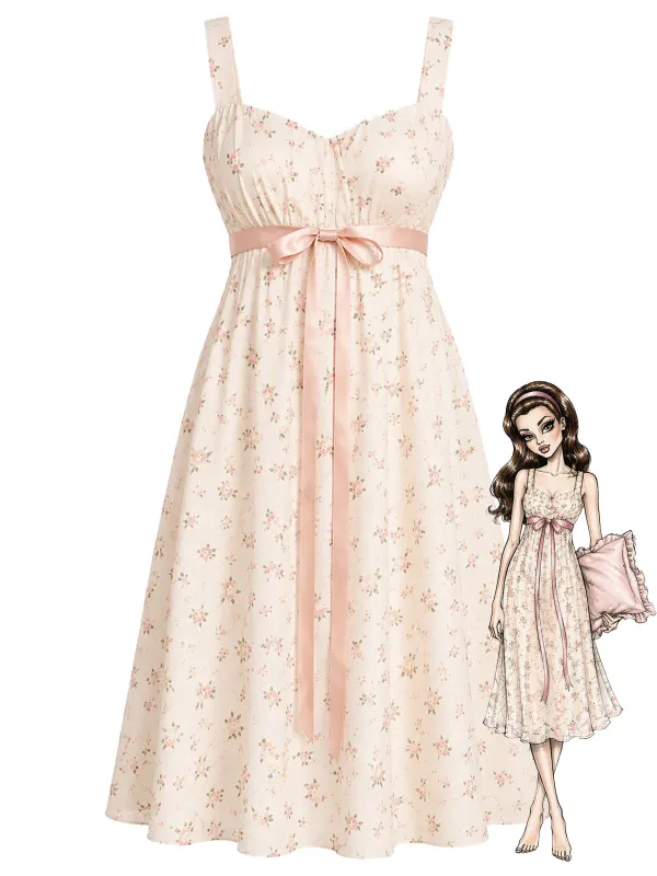 [Pre-Sale] Misty Rose 1950s Floral Bow Waist Nightgown made by Retro Stage