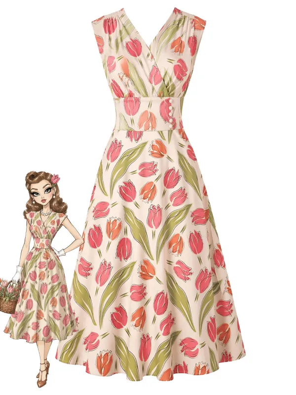 [Pre-Sale] 1950s Tulip Print Surplice Neck Sleeveless A-Line Dress made by Retro Stage