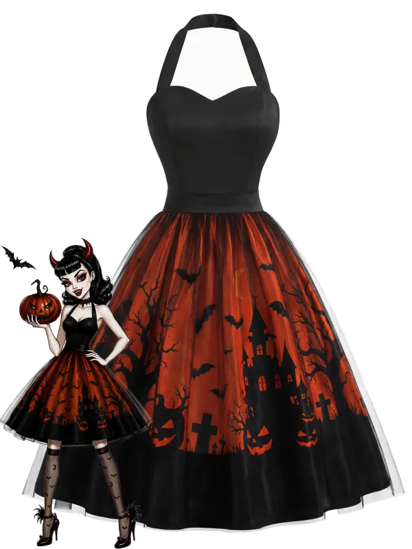 Black 1950s Halter Sweetheart Neck Tulle Halloween Dress made by Retro Stage