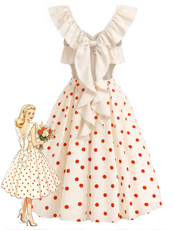 [Pre-Sale] Cream Red 1950s Bow Backless Polka Dot Dress made by Retro Stage