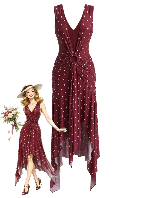 [Pre-Sale] Wine Red 1930s Polka Dot Irregular Hem Dress made by Retro Stage