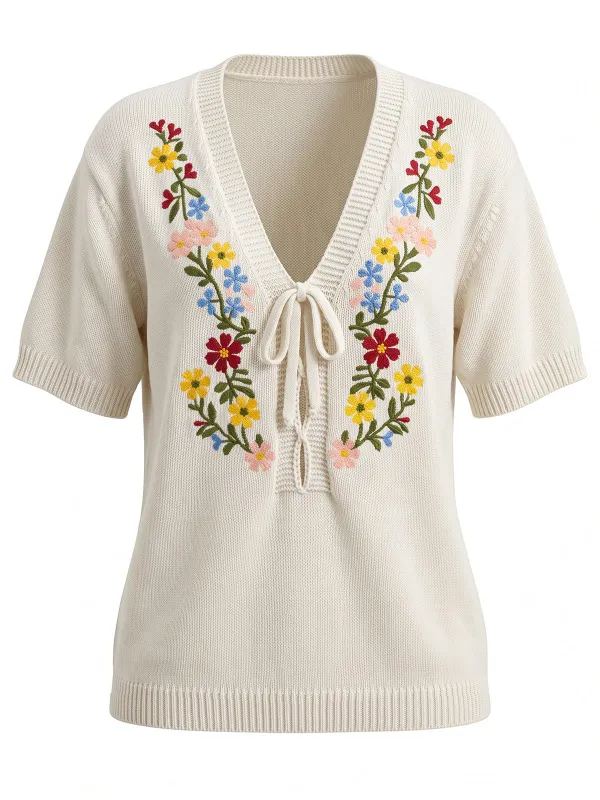Beige 1940s Floral Embroidered Tie Front Knit Top made by Retro Stage