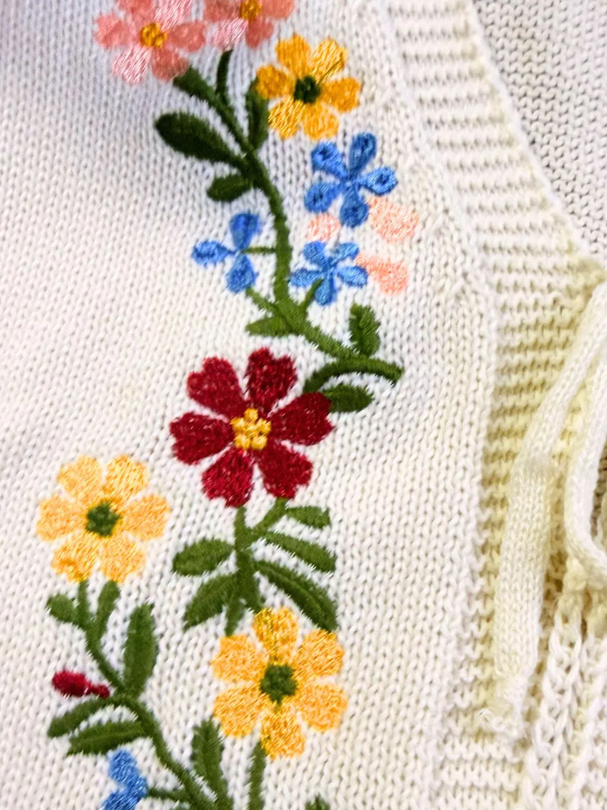Beige 1940s Floral Embroidered Tie Front Knit Top sold by Retro Stage product image thumbnail 4