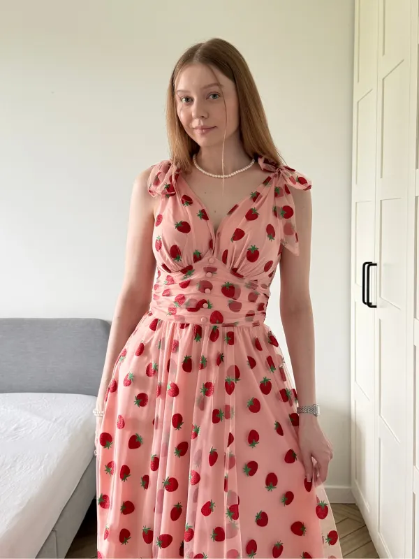 Pink 1950s Strawberry Mesh Swing Dress made by Retro Stage