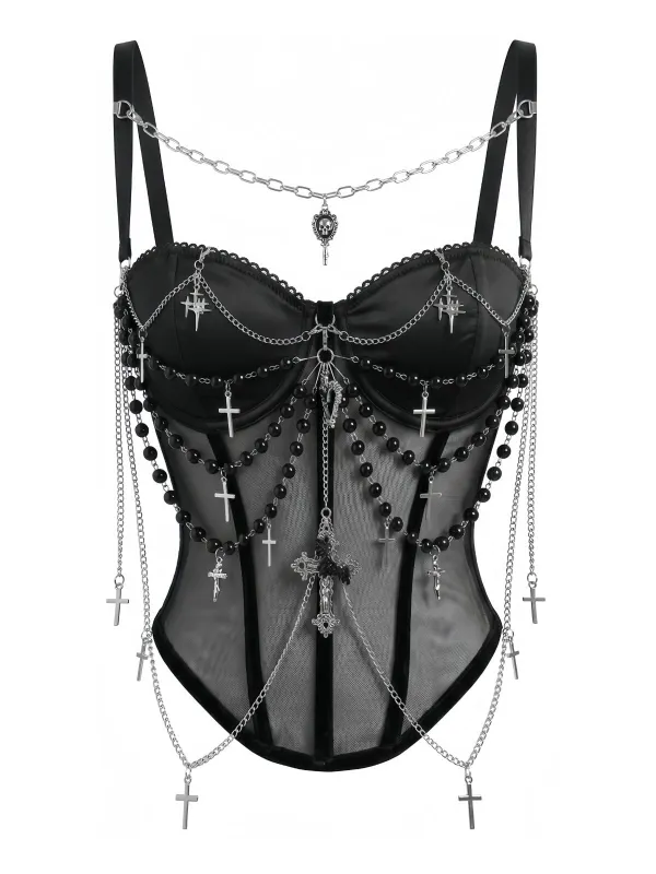 Black 1980s Gothic Cross Chains Beaded Corset Top made by Retro Stage