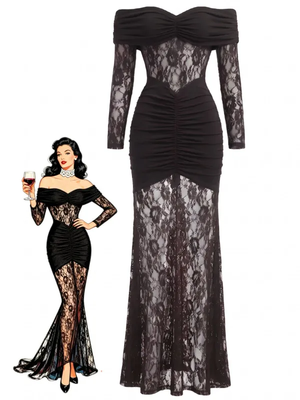1930s Lace Off Shoulder Ruched Maxi Dress made by Retro Stage