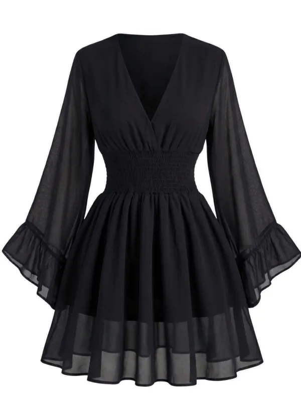 Black 1930s Chiffon V-Neck Smocked Waist Mini Dress made by Retro Stage