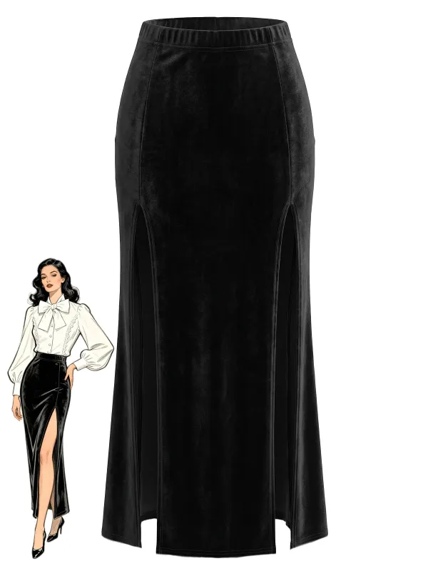 Black 1930s Side Slit Velvet Midi Skirt made by Retro Stage