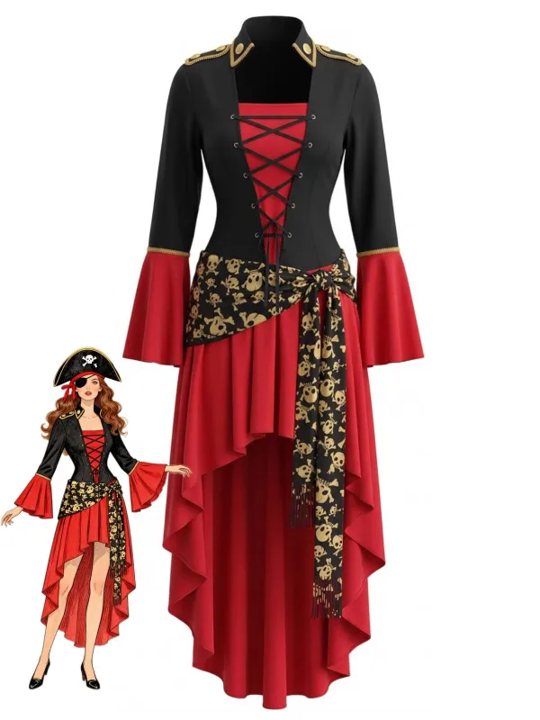 Red & Black 1940s Pirate Costume Lace-Up High Low Dress made by Retro Stage