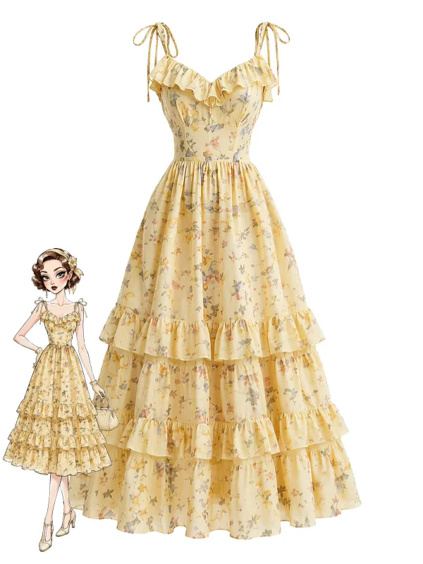 [Pre-Sale] Yellow 1950s Floral Tie Strap Tiered Ruffle Dress made by Retro Stage