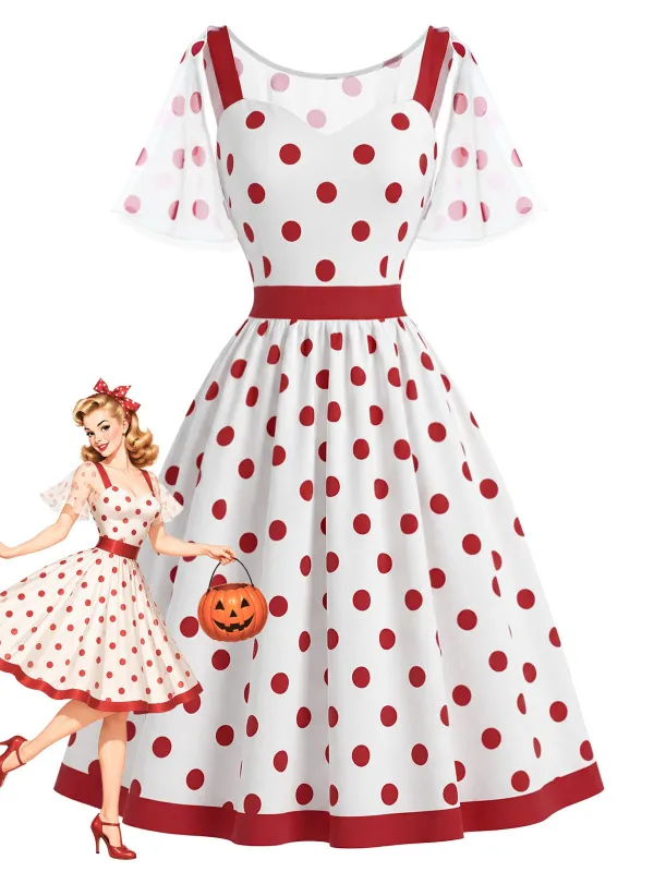 [Pre-Sale] Red White 1950s Polka Dot Dress with Detachable Mesh Cape made by Retro Stage