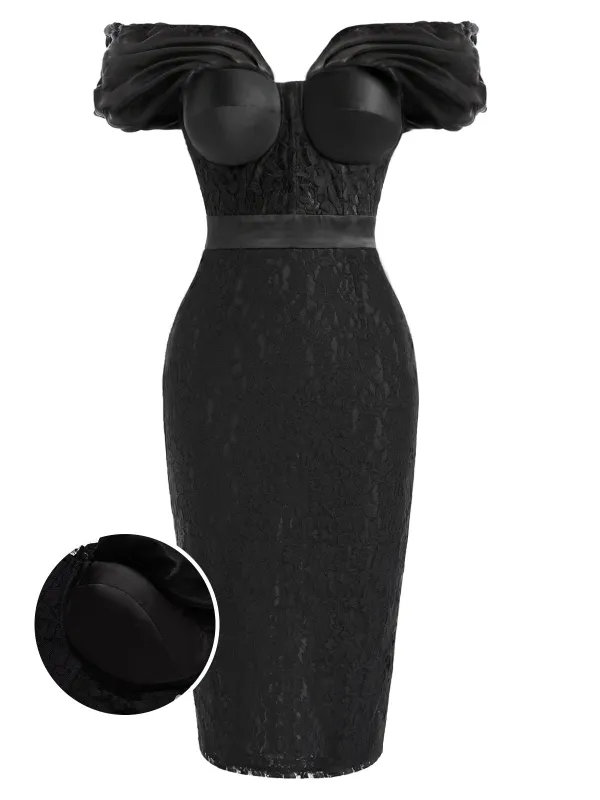 [Pre-Sale] Black 1960s Floral Lace Off Shoulder Pencil Midi Dress made by Retro Stage