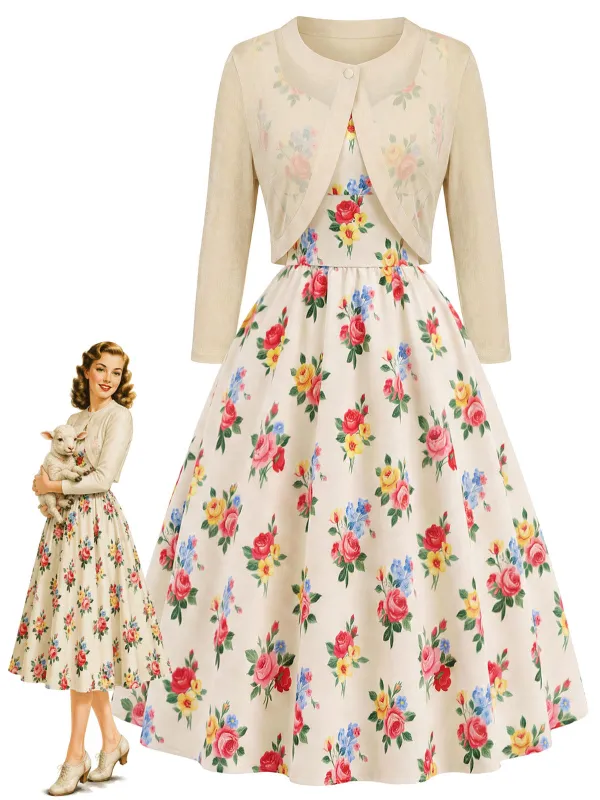 [Pre-Sale] 2PCS Cream 1940s Bolero Cardigan & Floral Dress made by Retro Stage