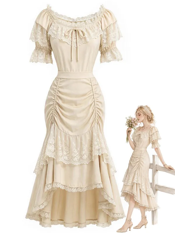 [Pre-Sale] 2PCS Beige 1970s Off‑Shoulder Lace Ruffle Top & Asymmetric Skirt made by Retro Stage