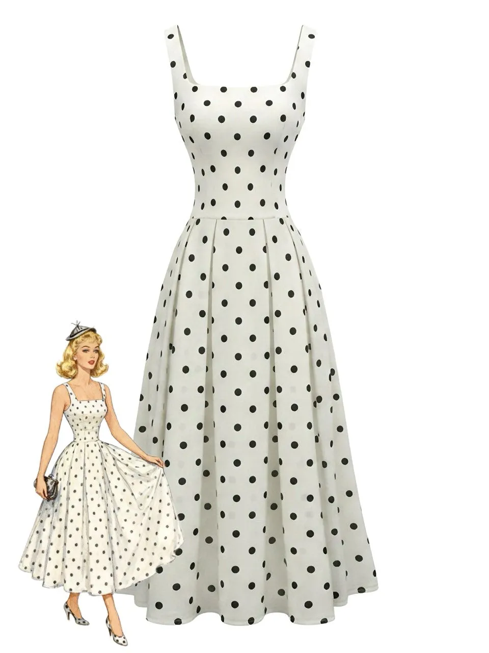 White 1950s Square Neck Polka Dot Sleeveless Pleated Dress sold by Retro Stage product image thumbnail 3