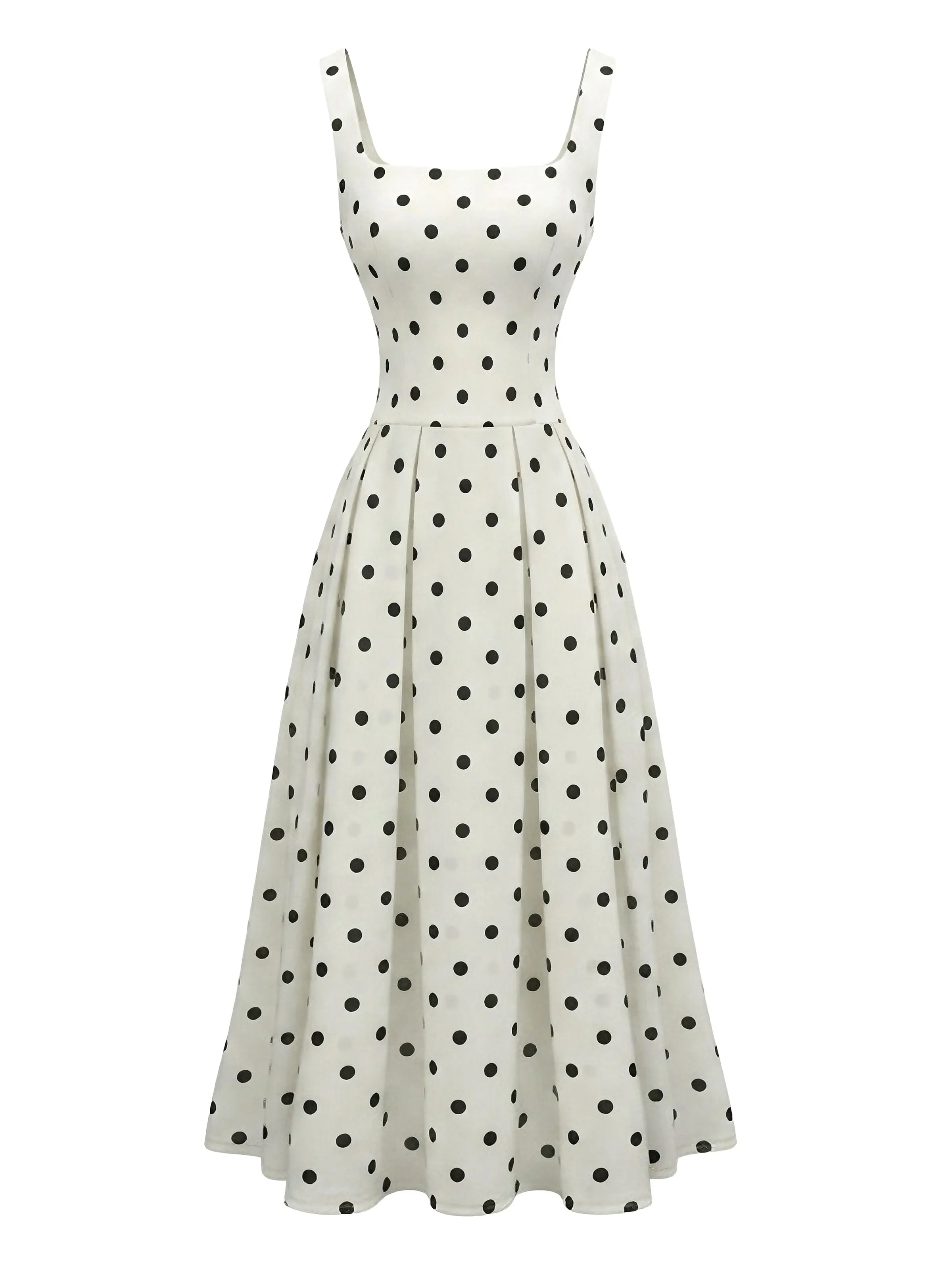 White 1950s Square Neck Polka Dot Sleeveless Pleated Dress sold by Retro Stage product image thumbnail 4