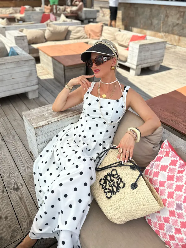 White 1950s Square Neck Polka Dot Sleeveless Pleated Dress made by Retro Stage