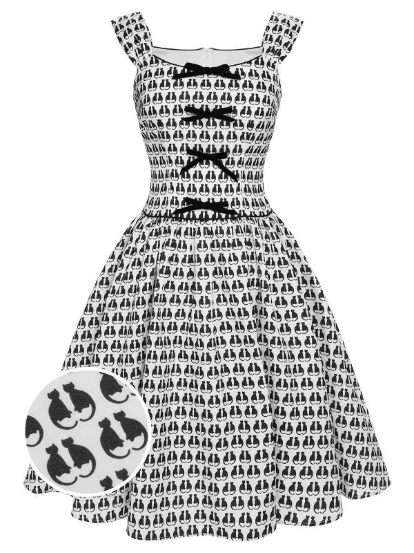 1950s Halloween Cat Print Velvet Bow Dress made by Retro Stage