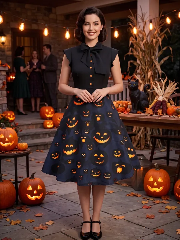 Black 1950s Halloween Pumpkin Patchwork Dress made by Retro Stage
