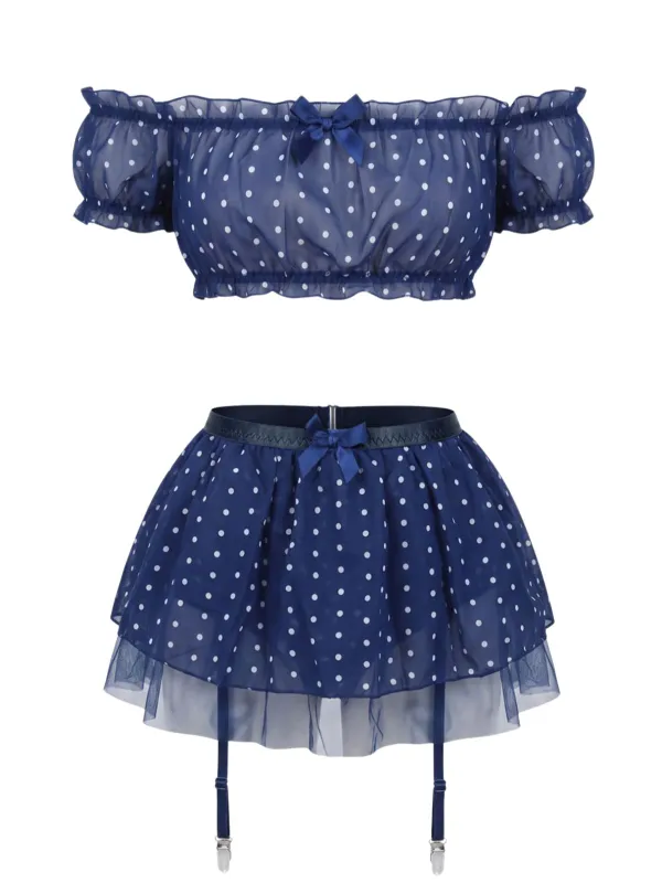 1950s Polka Dot Sheer Mesh Off-Shoulder Lingerie Set made by Retro Stage