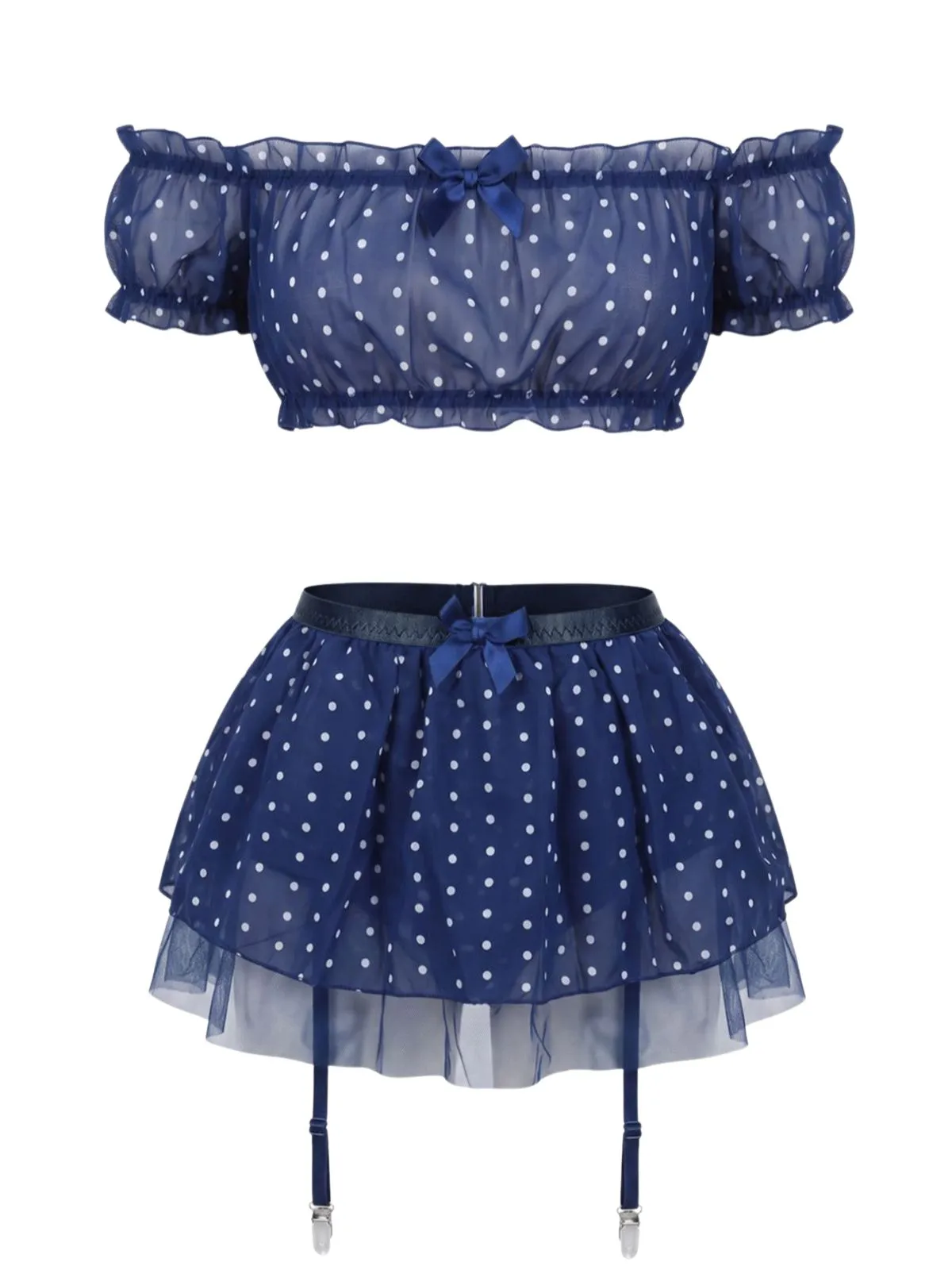 1950s Polka Dot Sheer Mesh Off-Shoulder Lingerie Set sold by Retro Stage