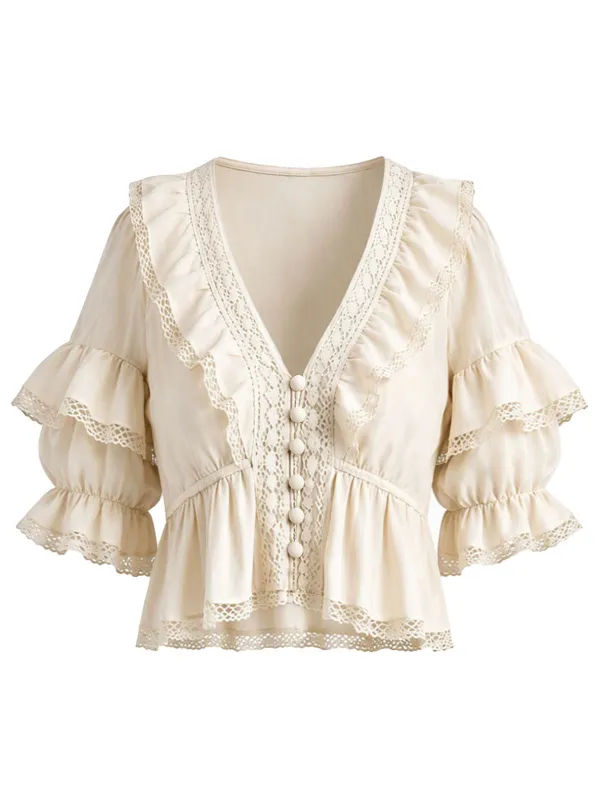 [Pre-Sale] Beige 1970s Boho Ruffled Lace Puff‑Sleeve Blouse made by Retro Stage