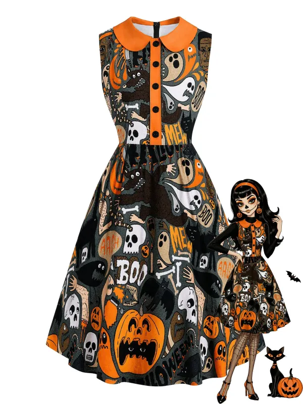 [Pre-Sale] Black 1960s Halloween Print Peter Pan Collar Dress made by Retro Stage