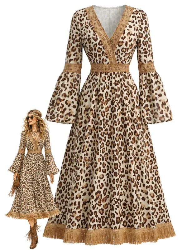 [Pre-Sale] 1970s Boho Leopard Print V Neck Fringe Bell Sleeve Dress made by Retro Stage
