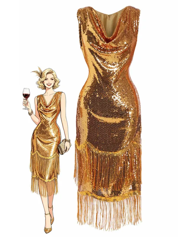 [Pre-Sale] Gold 1920s Cowl Neck Fringe Sequin Dress made by Retro Stage