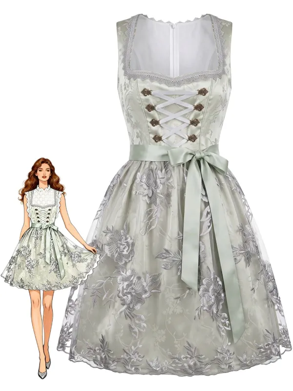 Light Blue 1950s Square Neck Floral Lace-Up Dress with Apron made by Retro Stage