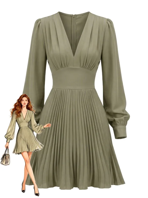 Green 1950s V-Neck Solid Pleated Lantern Sleeve Dress made by Retro Stage
