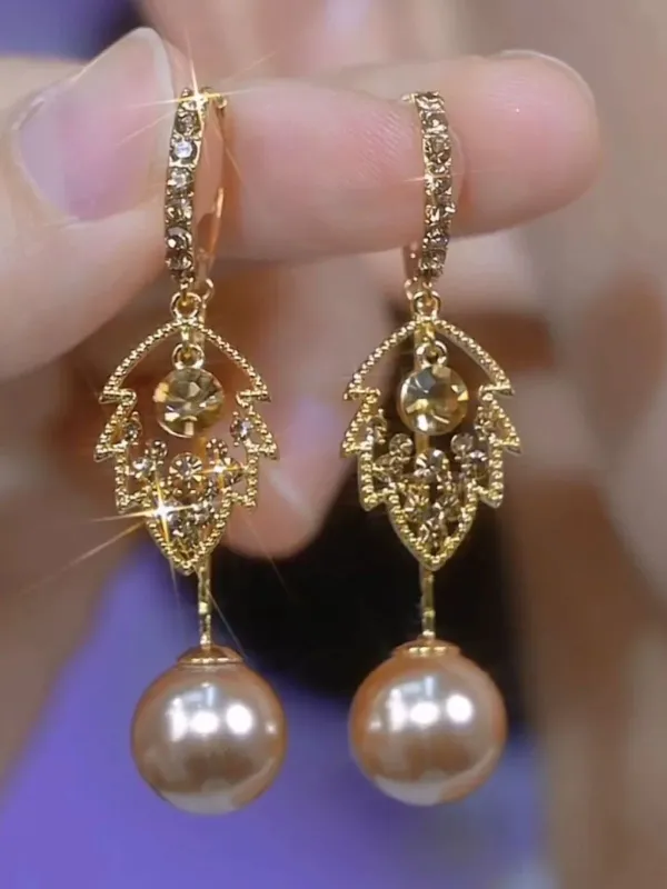 Gold Rhinestone Leaf & Pearl Dangle Earrings made by Retro Stage