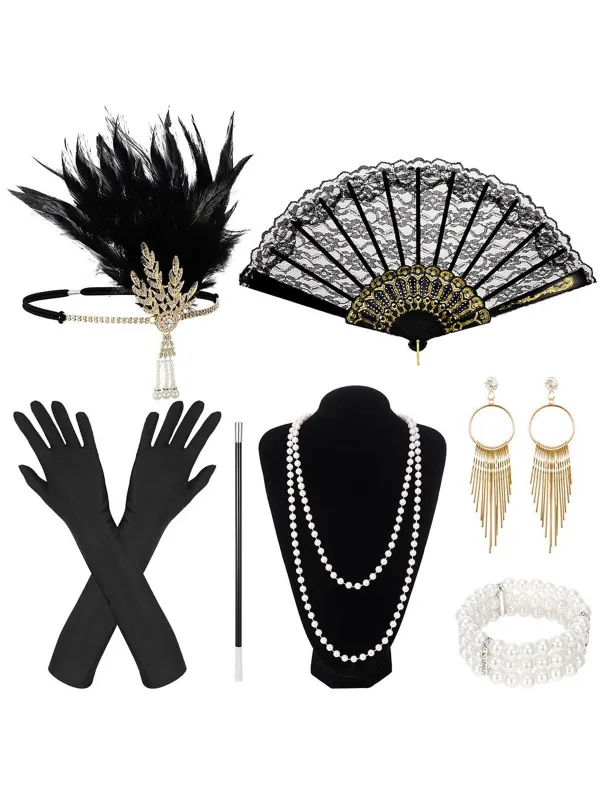 7PCS Black 1920s Gatsby Feathers & Pearls Accessory Set made by Retro Stage