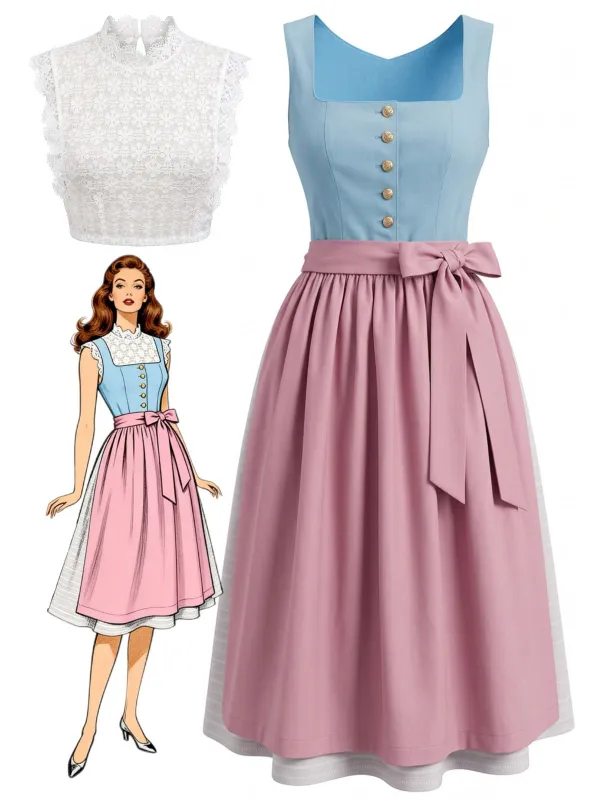 3PCS Blue 1950s Square Neck Sleeveless Dress & Pink Apron & Top made by Retro Stage