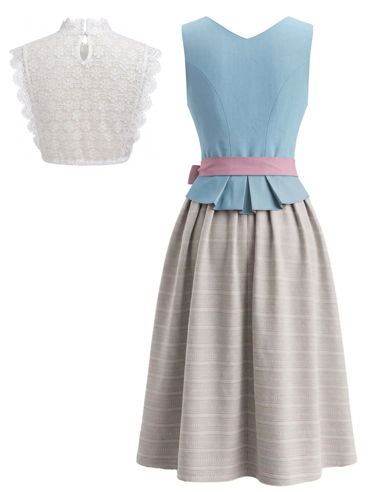3PCS Blue 1950s Square Neck Sleeveless Dress & Pink Apron & Top sold by Retro Stage product image thumbnail 2
