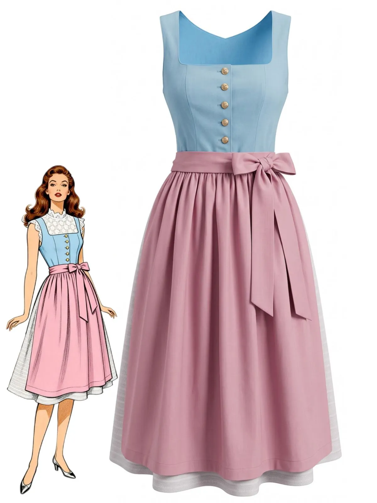 3PCS Blue 1950s Square Neck Sleeveless Dress & Pink Apron & Top sold by Retro Stage product image thumbnail 3