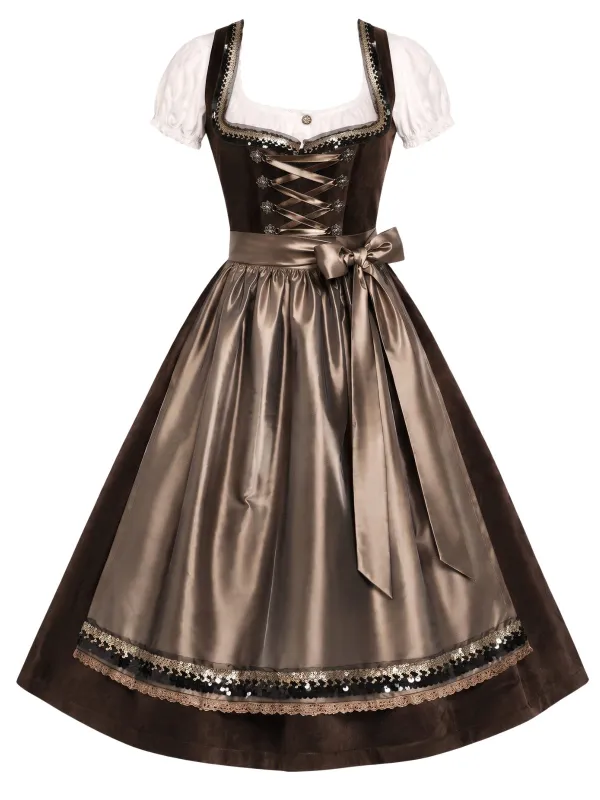 [Pre-Sale] Brown 1950s Lace Up Square Neck Dress & Apron & Puff Sleeve Top made by Retro Stage
