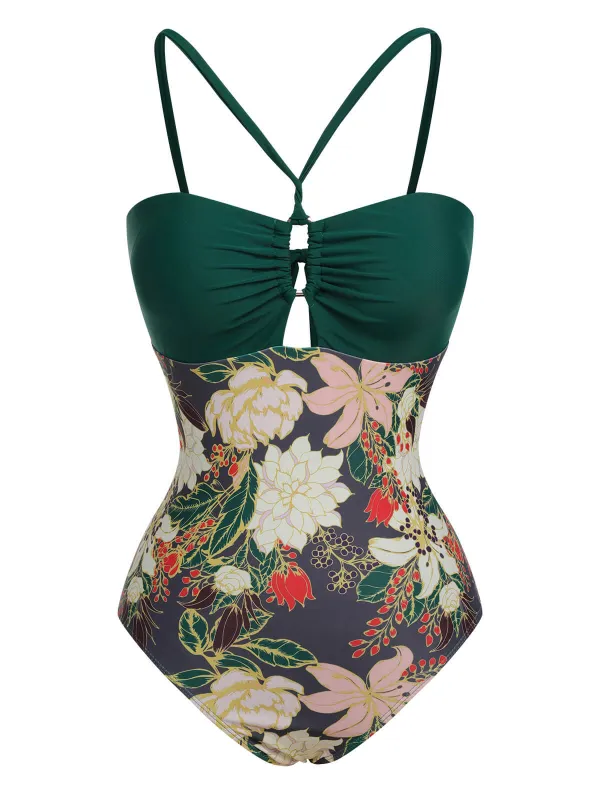 Multicolor 1960s Floral Halter One-Piece Swimsuit made by Retro Stage