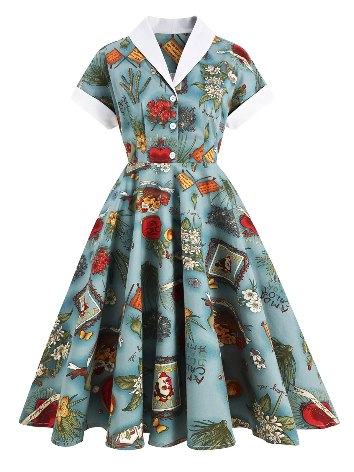 Blue 1950s Button Comics Swing Dress sold by Retro Stage