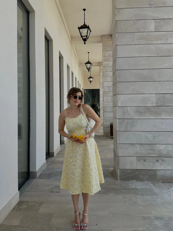 Yellow 1950s Floral Jacquard Textured Spaghetti Strap Midi Dress made by Retro Stage