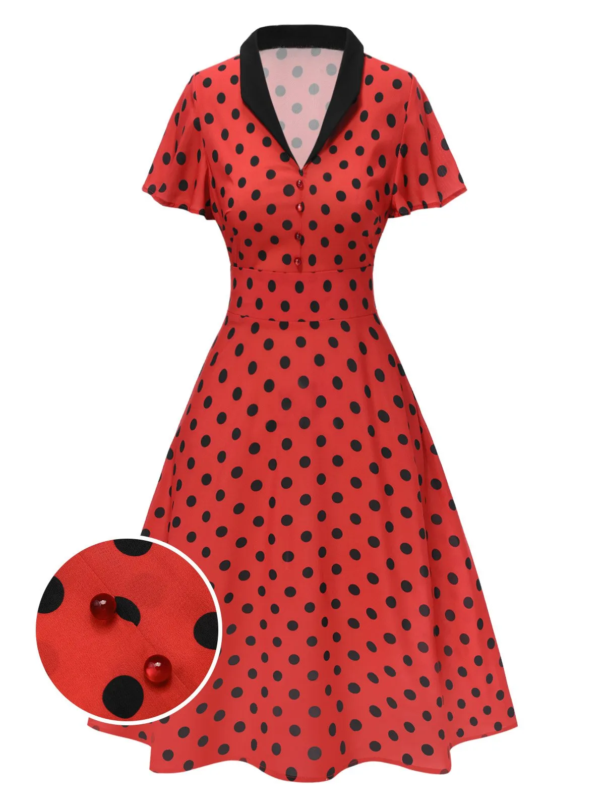 Deep Red 1950s V-Neck Polka Dots Lapel Dress sold by Retro Stage product image thumbnail 3