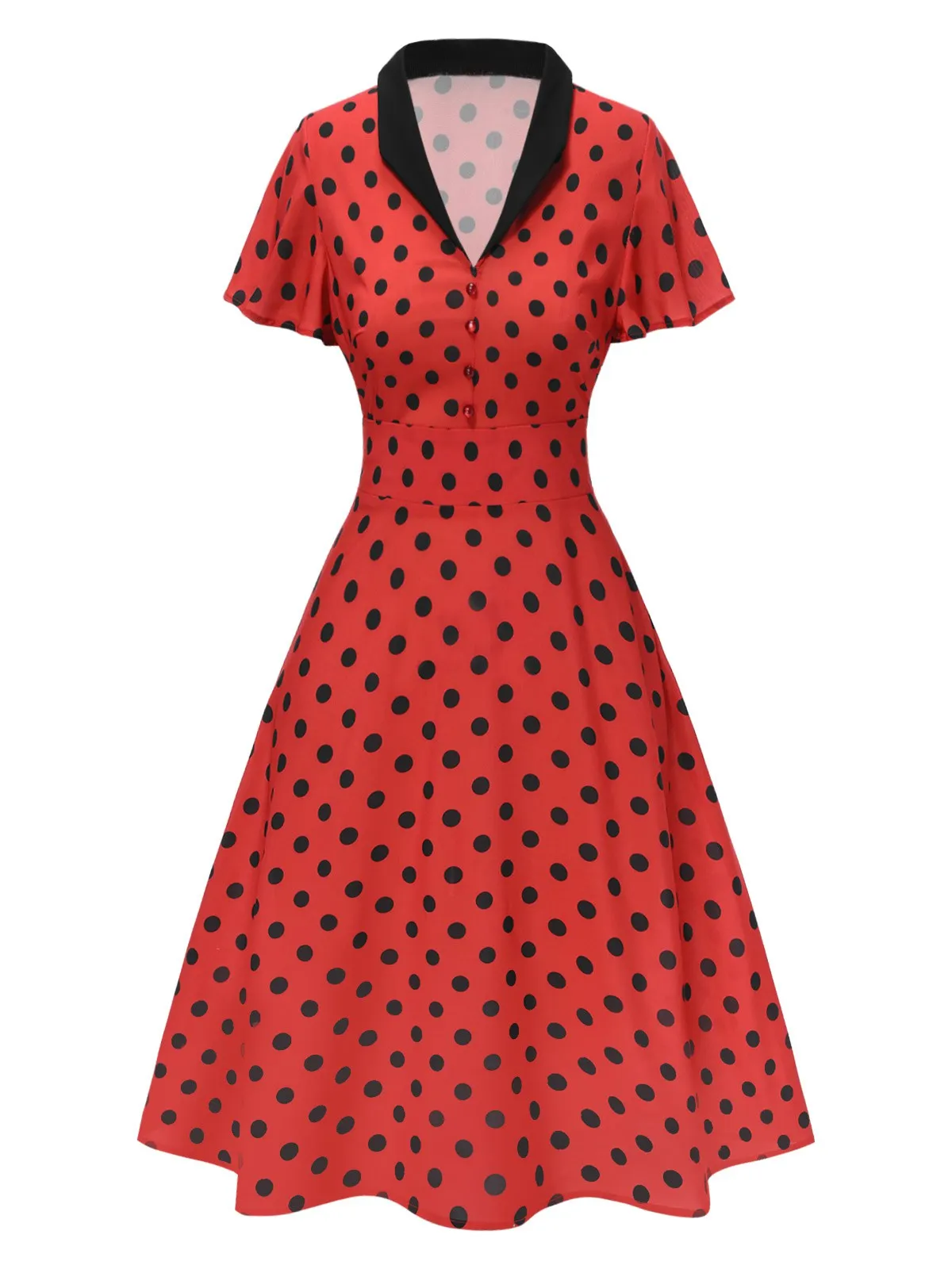Deep Red 1950s V-Neck Polka Dots Lapel Dress sold by Retro Stage product image thumbnail 4