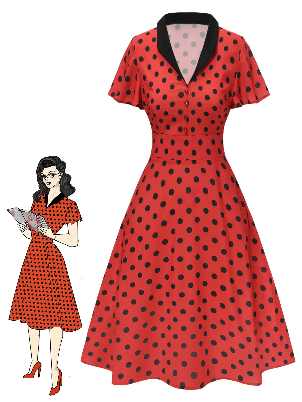Deep Red 1950s V-Neck Polka Dots Lapel Dress sold by Retro Stage product image thumbnail 2