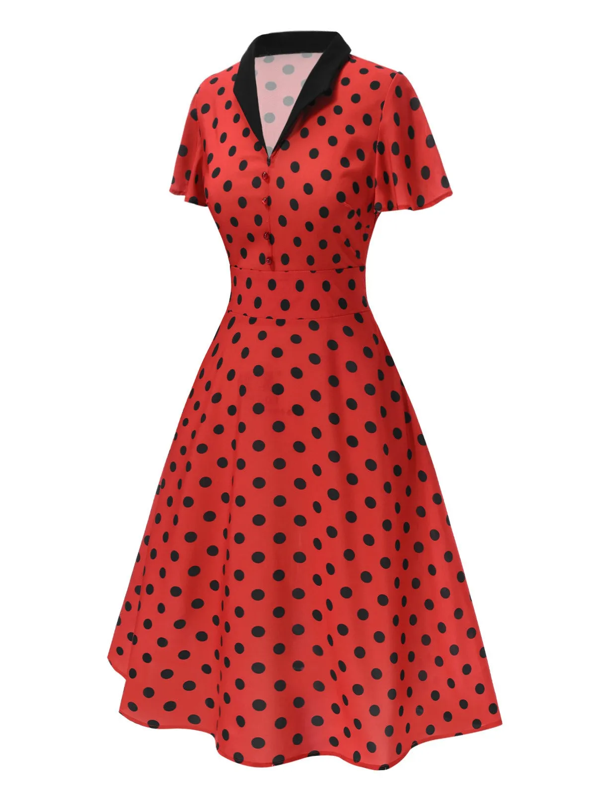 Deep Red 1950s V-Neck Polka Dots Lapel Dress sold by Retro Stage product image thumbnail 5