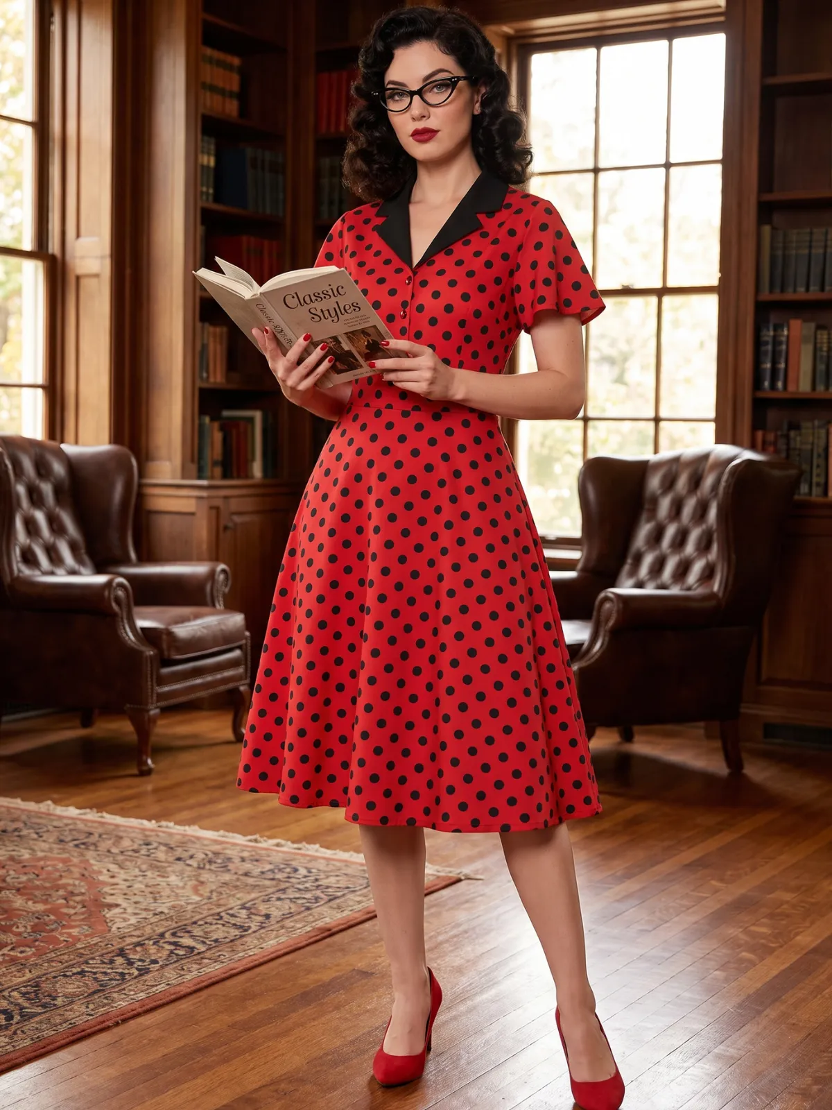 Deep Red 1950s V-Neck Polka Dots Lapel Dress sold by Retro Stage