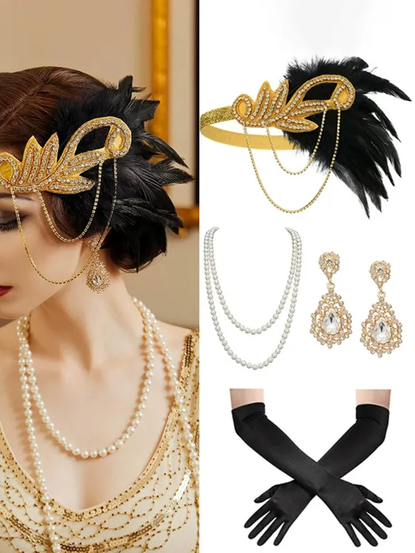 4PCS 1920s Gatsby Feather & Tassel & Pearls Accessory Set made by Retro Stage