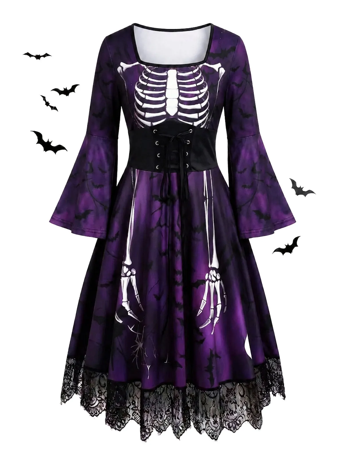 1950s Gothic Halloween Skeleton Bell Long Sleeve Lace Dress sold by Retro Stage product image thumbnail 4