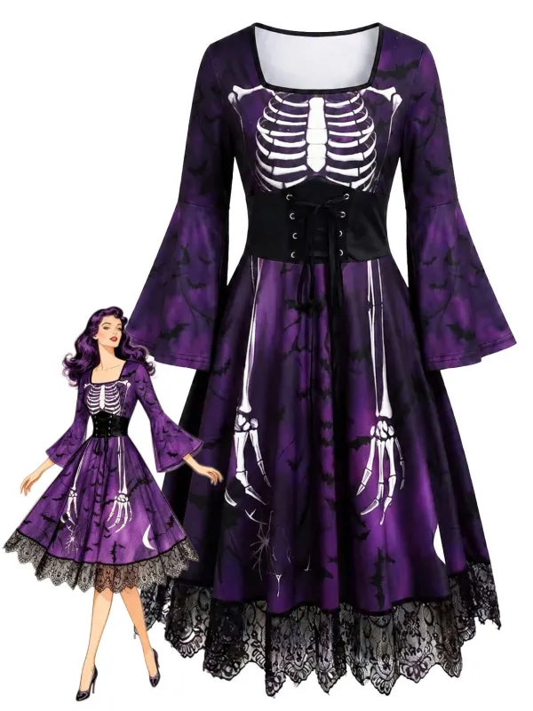 1950s Gothic Halloween Skeleton Bell Long Sleeve Lace Dress made by Retro Stage