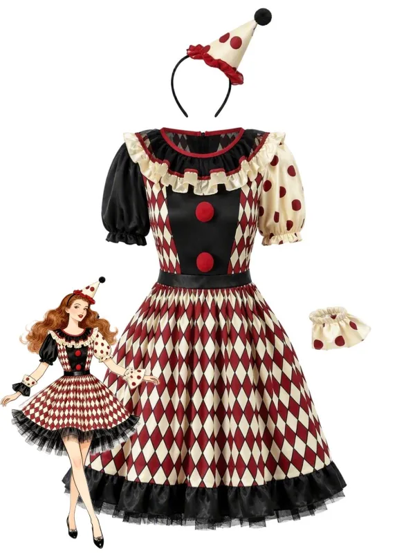 1950s Polka‑Dot Puff Sleeve Clown Halloween Cosplay Dress made by Retro Stage
