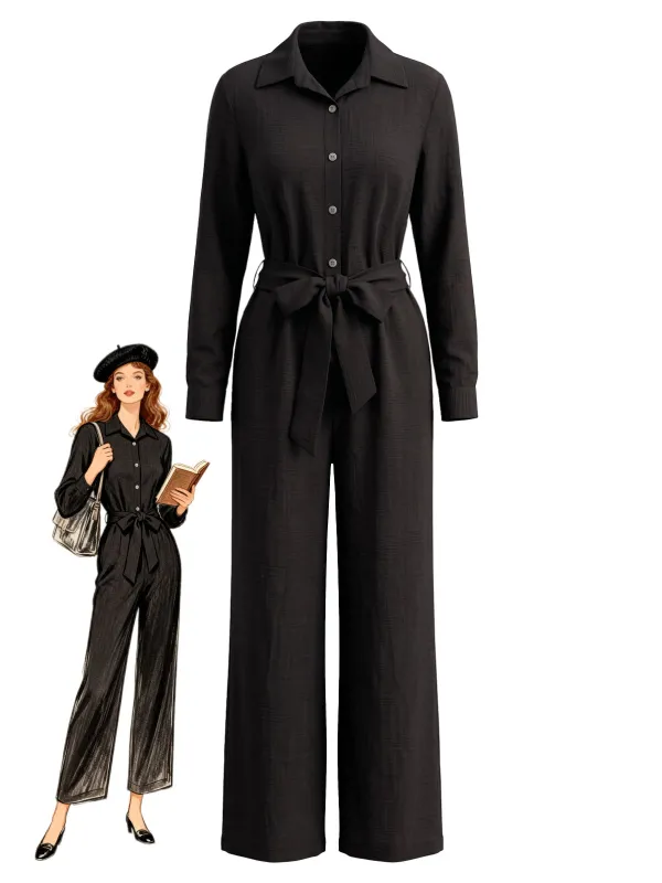 1930s Collared Button‑Front Long Sleeve Wide Leg Jumpsuit made by Retro Stage